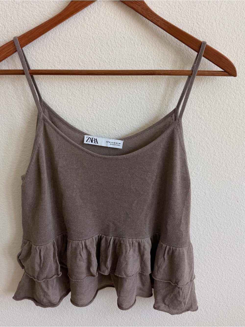 ZARA Taupe Ruffle-Hem Spaghetti Strap Camisole